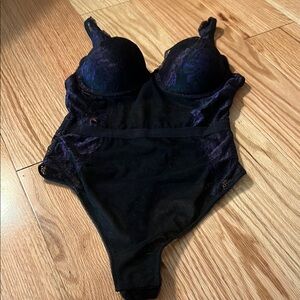 Frederick's of Hollywood Black and Purple Lace Teddy Bodysuit S